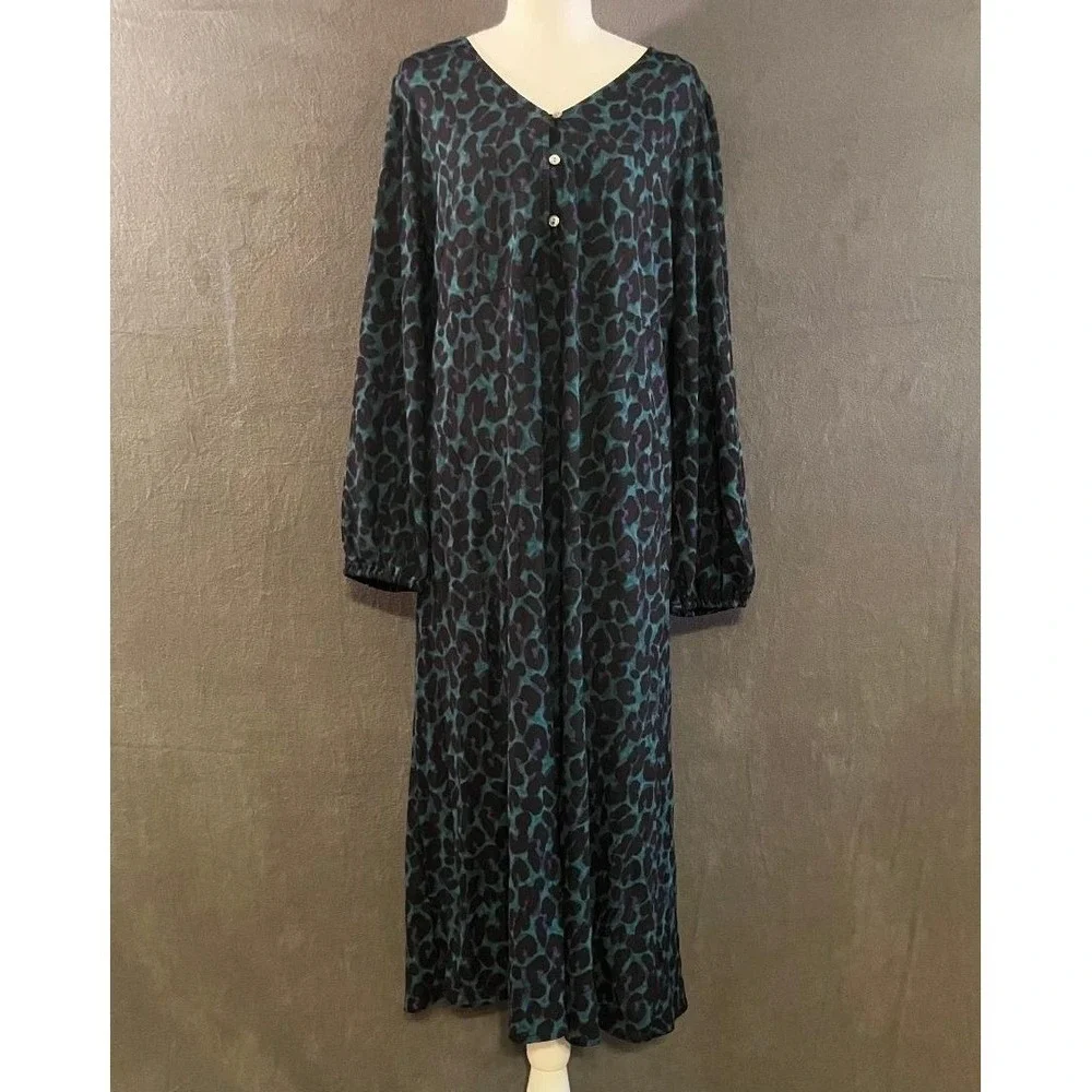 NWT J.Jill Medium Green Black Leopard Print Maxi Shift Dress Long Sleeve Size M